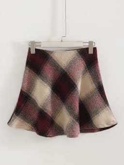 Streamgirl Brown Plaid Woolen Mini Skirts For Women High Waist Orange A Line Umbrella Wool Short Plaid Skirt With Zipper Gray