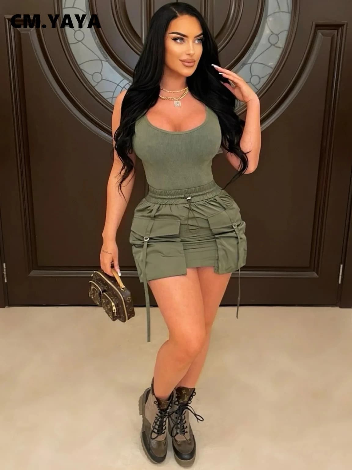 CM.YAYA Women Fashion Cargo Stacked Ruched Front Pocket Side Midi Mini Skirts 2025 Summer Streetwear Sporty Sexy Pencil Skirt
