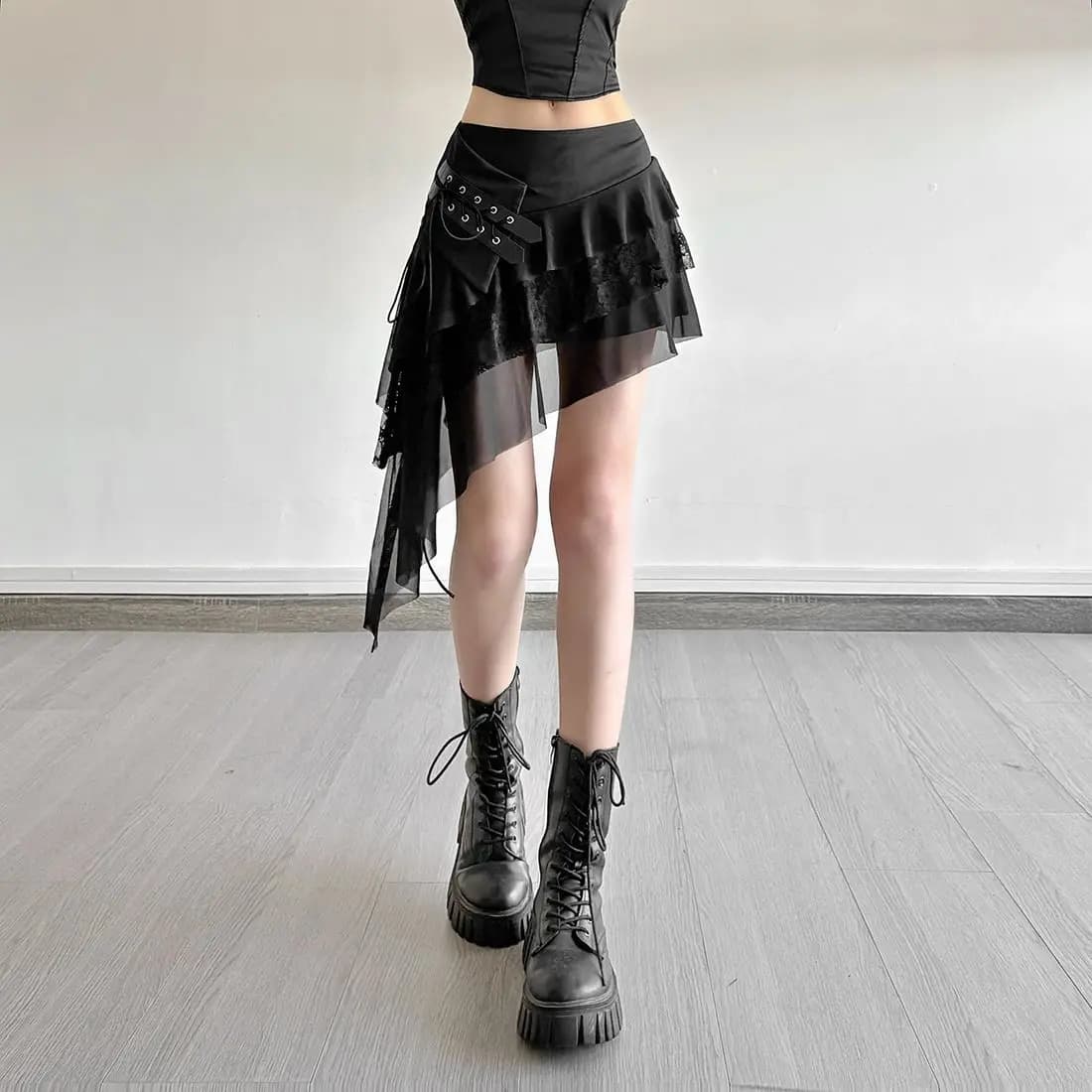 26SS Punk Lace Stitching Design Irregular Lace-up Skirt Women