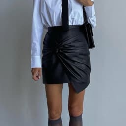 Women Design Sense French Leather Skirt Fashion High Waist Slimming Folds Knot Mini Skirts Sexy Package Hip PU Short Skirts