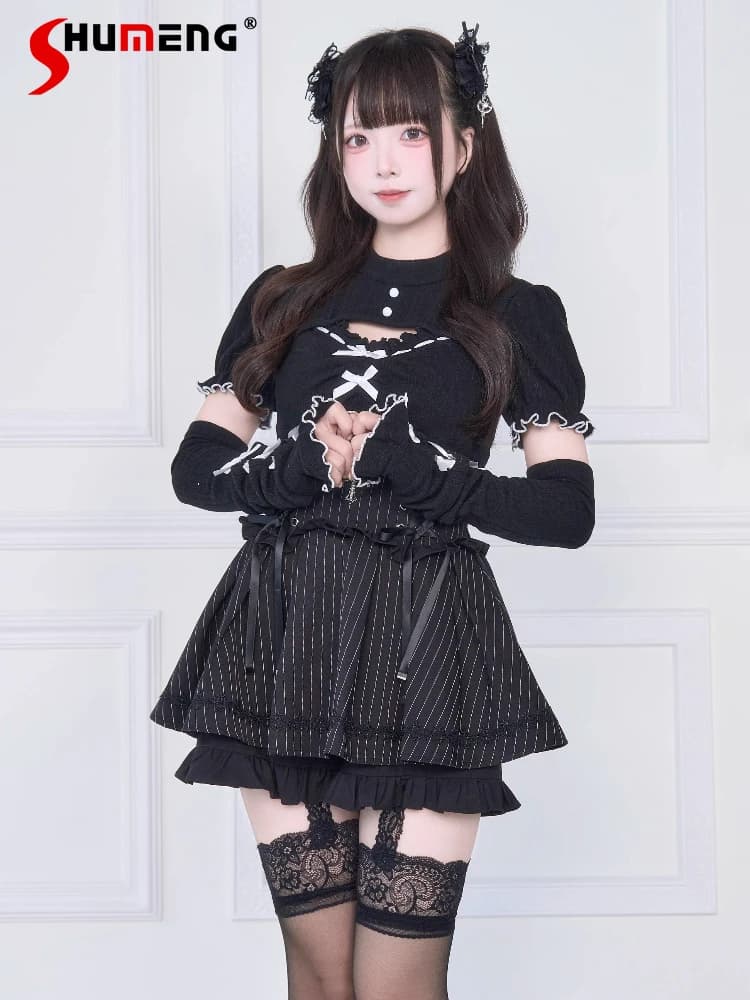 Original Japanese Mines Style Subculture Bow Short-Sleeve Knitted Top High Waist Lace-up Bow Slim A-Line Sweet Skirt Sets Women