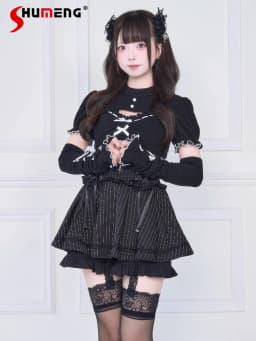 Original Japanese Mines Style Subculture Bow Short-Sleeve Knitted Top High Waist Lace-up Bow Slim A-Line Sweet Skirt Sets Women