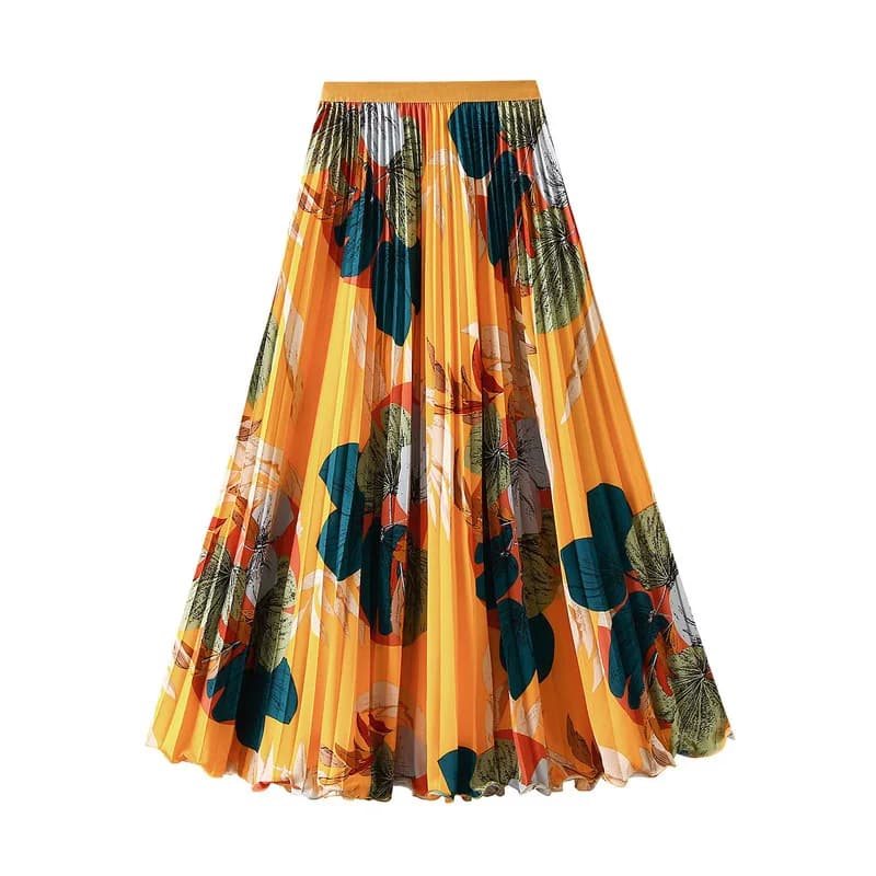 2026 Spring Summer Floral Print Pleated Long Skirts Women Elastic High-waist A-line Casual Maxi Skirt
