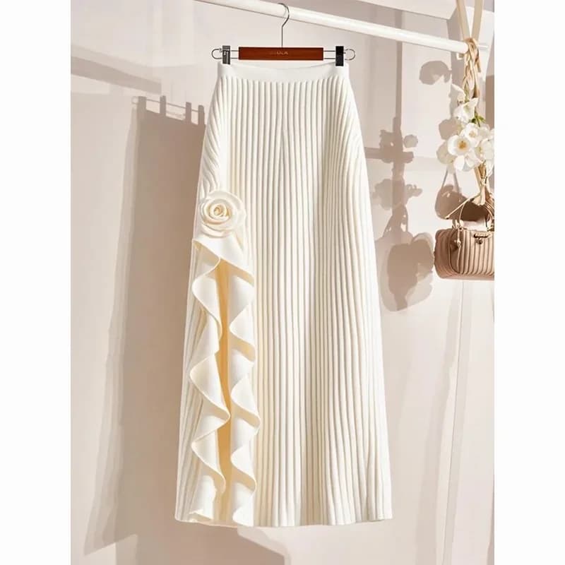 New French 3D Floral Ruffles Skirt Women Fashion Elegant High Waist Casual Solid Color Party Skirts Spring Summer Jupe