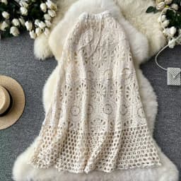 Cotton Floral Crochet Knitted Lace Skirt For Women Vintage Hollow Out Elastic Waist Skirts Summer Holiday Long Boho Beach Falda