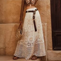 Cotton Floral Crochet Knitted Lace Skirt For Women Vintage Hollow Out Elastic Waist Skirts Summer Holiday Long Boho Beach Falda
