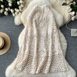 Cotton Floral Crochet Knitted Lace Skirt For Women Vintage Hollow Out Elastic Waist Skirts Summer Holiday Long Boho Beach Falda