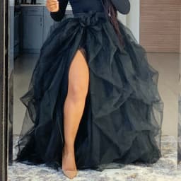 Elegant Women Layered Puffy Skirt High-Waist Half-Dress Open Fork Feast A-Line Puff Mesh Front Split Princess Skirt