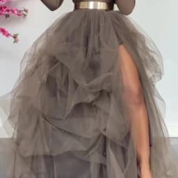 Elegant Women Layered Puffy Skirt High-Waist Half-Dress Open Fork Feast A-Line Puff Mesh Front Split Princess Skirt