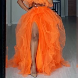 Elegant Women Layered Puffy Skirt High-Waist Half-Dress Open Fork Feast A-Line Puff Mesh Front Split Princess Skirt