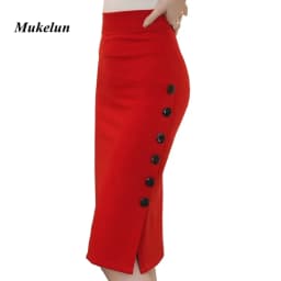 Oversized 2026 Fashion Women Work Midi Skirt OL Sexy Open Slit Button Slim Pencil Skirt Elegant Office Ladies Skirts Red Black