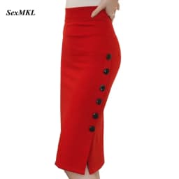 Oversized 2026 Fashion Women Work Midi Skirt OL Sexy Open Slit Button Slim Pencil Skirt Elegant Office Ladies Skirts Red Black