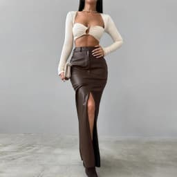 Women High Waist PU Leather Skirts Ladies Solid Slim Maxi Long Skirts