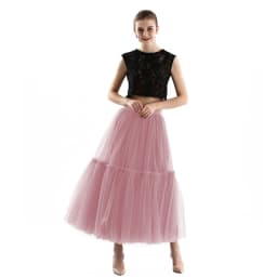 Qooth Women 90cm Party Tulle Ball Gown Mesh Skirt Banquet Wedding Faldas Mujer Elastic Waist Bow Tie Belt Tutu Skirt QT2181