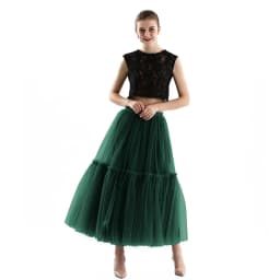 Qooth Women 90cm Party Tulle Ball Gown Mesh Skirt Banquet Wedding Faldas Mujer Elastic Waist Bow Tie Belt Tutu Skirt QT2181