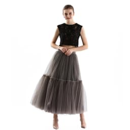 Qooth Women 90cm Party Tulle Ball Gown Mesh Skirt Banquet Wedding Faldas Mujer Elastic Waist Bow Tie Belt Tutu Skirt QT2181