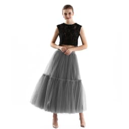 Qooth Women 90cm Party Tulle Ball Gown Mesh Skirt Banquet Wedding Faldas Mujer Elastic Waist Bow Tie Belt Tutu Skirt QT2181