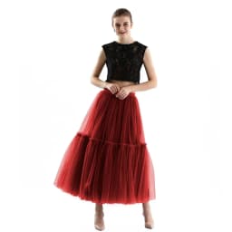 Qooth Women 90cm Party Tulle Ball Gown Mesh Skirt Banquet Wedding Faldas Mujer Elastic Waist Bow Tie Belt Tutu Skirt QT2181