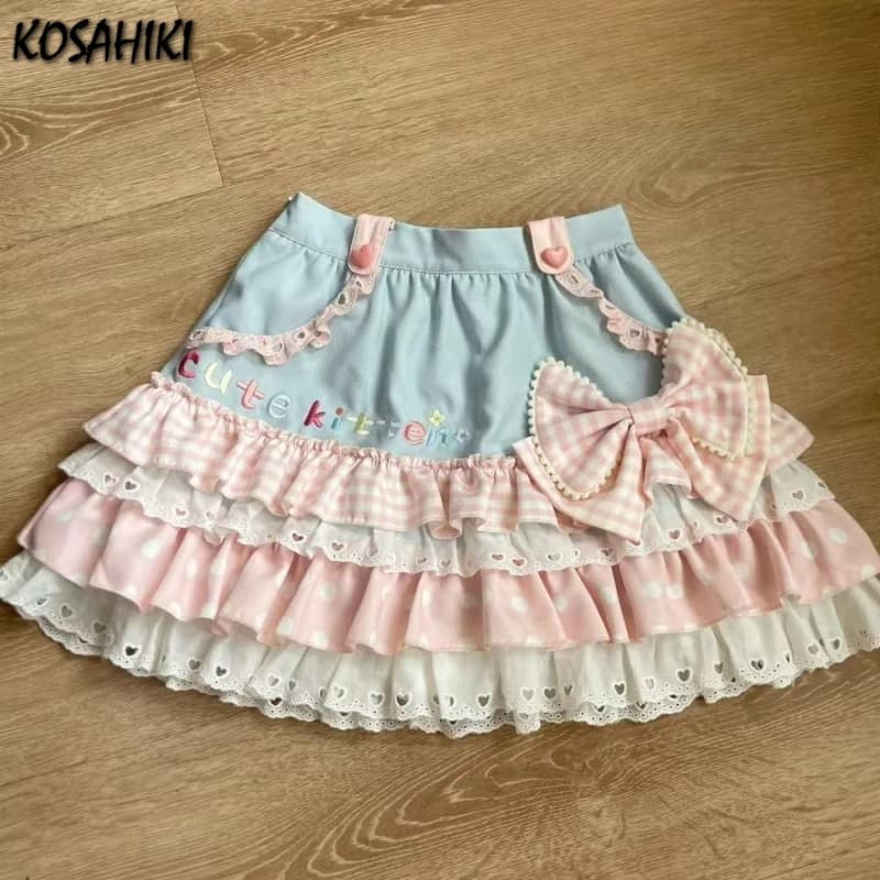 Y2k Aesthetic Kawaii Patchwork Mini Skirts Women Sweet Ruffled High Waist Skirt Streetwear Letter Embroidery Grunge Fairy Faldas