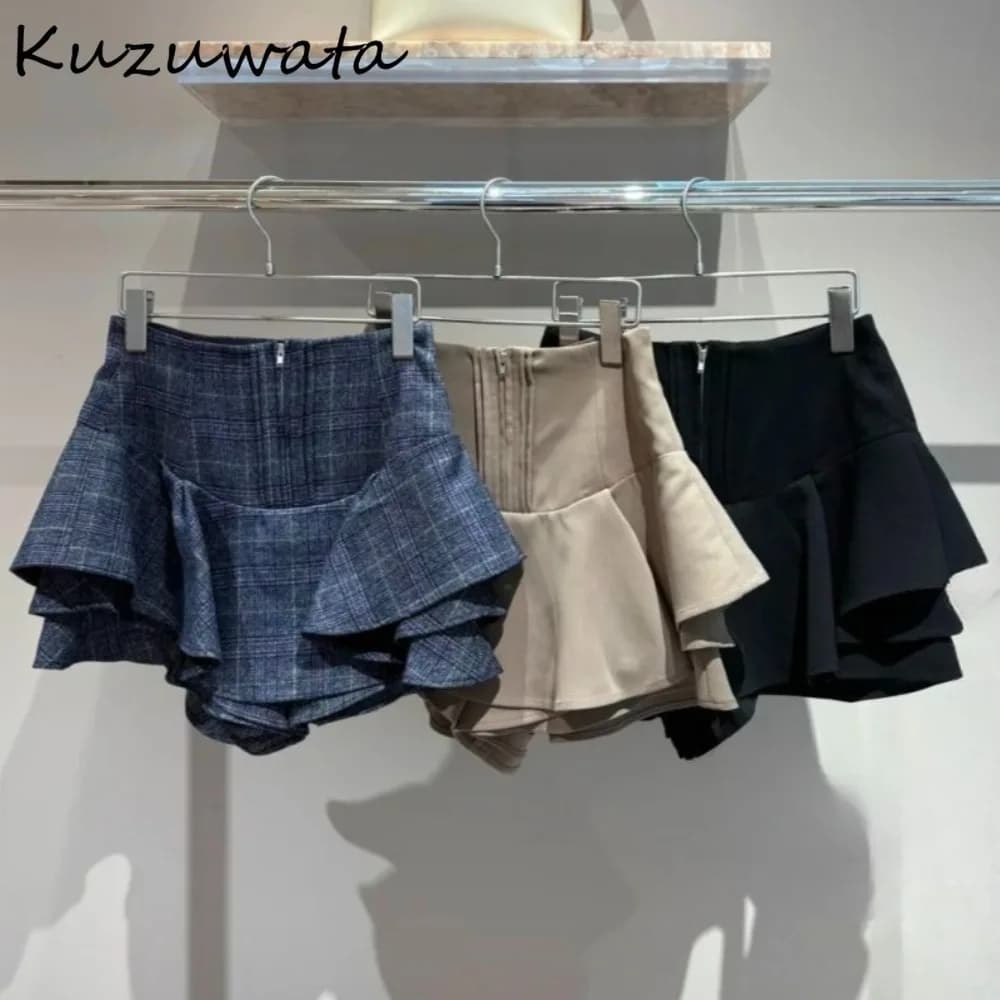 Kuzuwata Sweet Plaid Winter New Mujer Faldas Short High Waist All-match Slim Skirt Japan Ruffles Zip Ball Gown Minority Faldas
