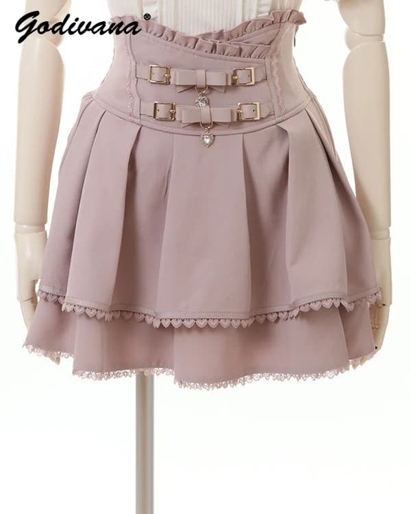 Japanese Mine Double Butterfly Braid Buckle Leather Ring High Waist Skirt Shorts Women Liz Sweet Pink Lace Pleated Short Skirt