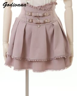 Japanese Mine Double Butterfly Braid Buckle Leather Ring High Waist Skirt Shorts Women Liz Sweet Pink Lace Pleated Short Skirt