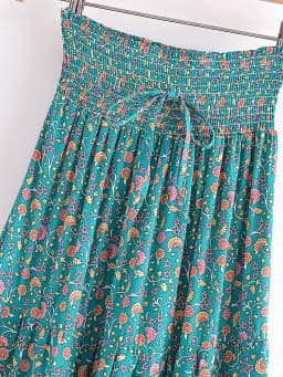 Vintage Chic Fashion Women Floral Print Beach Bohemian Pleated Skirt Rayon Cotton Elastic High-waisted Boho Maxi Skirts Femme