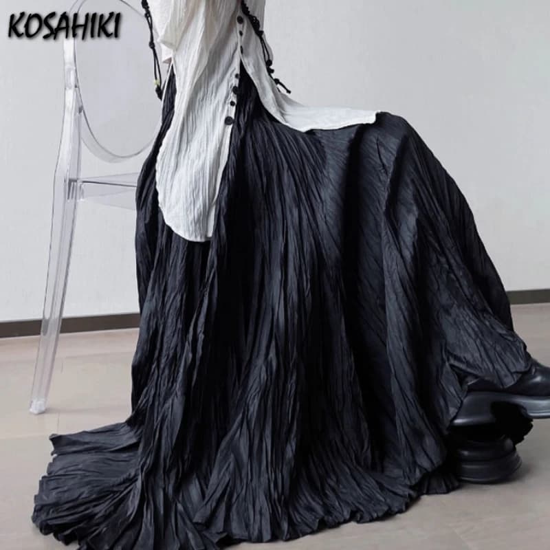 Streetwear Vintage Black Pleated Women Skirt High Waist Fairy Irregular Y2k Aesthetic A-line Long Skirts Harajuku Grunge Faldas