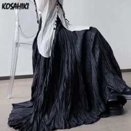 Streetwear Vintage Black Pleated Women Skirt High Waist Fairy Irregular Y2k Aesthetic A-line Long Skirts Harajuku Grunge Faldas
