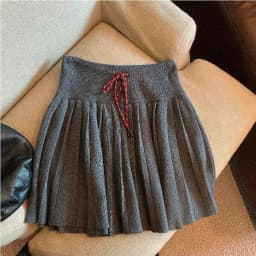 Vintage Knitted Mini Skirt Women Fall Sweet Solid High Waist Lace Up Casual Skirts Korean Simple Retro Pleated Ball Gown Skirt