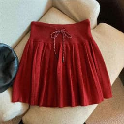 Vintage Knitted Mini Skirt Women Fall Sweet Solid High Waist Lace Up Casual Skirts Korean Simple Retro Pleated Ball Gown Skirt