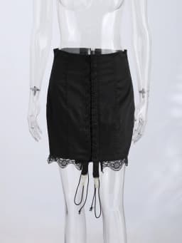 Women Elegant Satin Skirt Lace Hem Bodycon Mini Skirts High‑Waist Lace‑Up Front Midi Skirt Y2k Party Wear All-match Streetwear