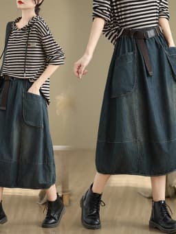 Casual Mid-Length Straight Leg Jeans Skirt Women's Elastic Waist Loose Fitting Slimming Spring Fashion High Waist A-Line Skirt