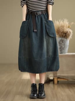 Casual Mid-Length Straight Leg Jeans Skirt Women's Elastic Waist Loose Fitting Slimming Spring Fashion High Waist A-Line Skirt