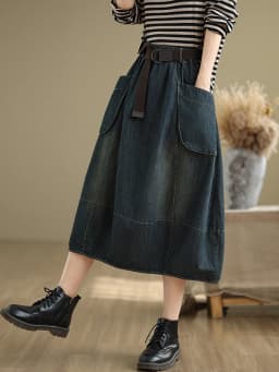 Casual Mid-Length Straight Leg Jeans Skirt Women's Elastic Waist Loose Fitting Slimming Spring Fashion High Waist A-Line Skirt