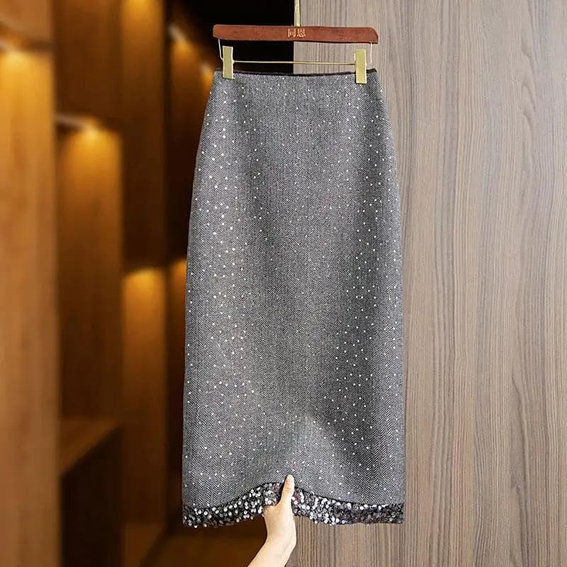 Vintage Elegant Sequin Skirts A-line Gray Skirts Spring Autumn New Skirt for Women High Waist Mid-length Faldas Mujer Moda