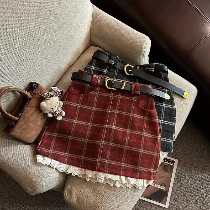 Lace Patchwork Plaid Mini Skirts Women Fall Winter High Waist No Belt Faux Wool Skirts Y2K Fashion Preppy All Match A Line Skirt