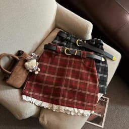 Lace Patchwork Plaid Mini Skirts Women Fall Winter High Waist No Belt Faux Wool Skirts Y2K Fashion Preppy All Match A Line Skirt