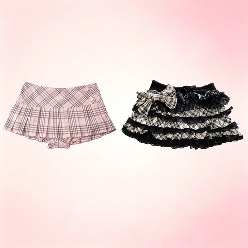 2 Styles Y2K Mini Skirts Set Women Pink Plaid Pleated Skort Black White Plaid Lace Bow Cake Skirt Kawaii Streetwear Short Skirts