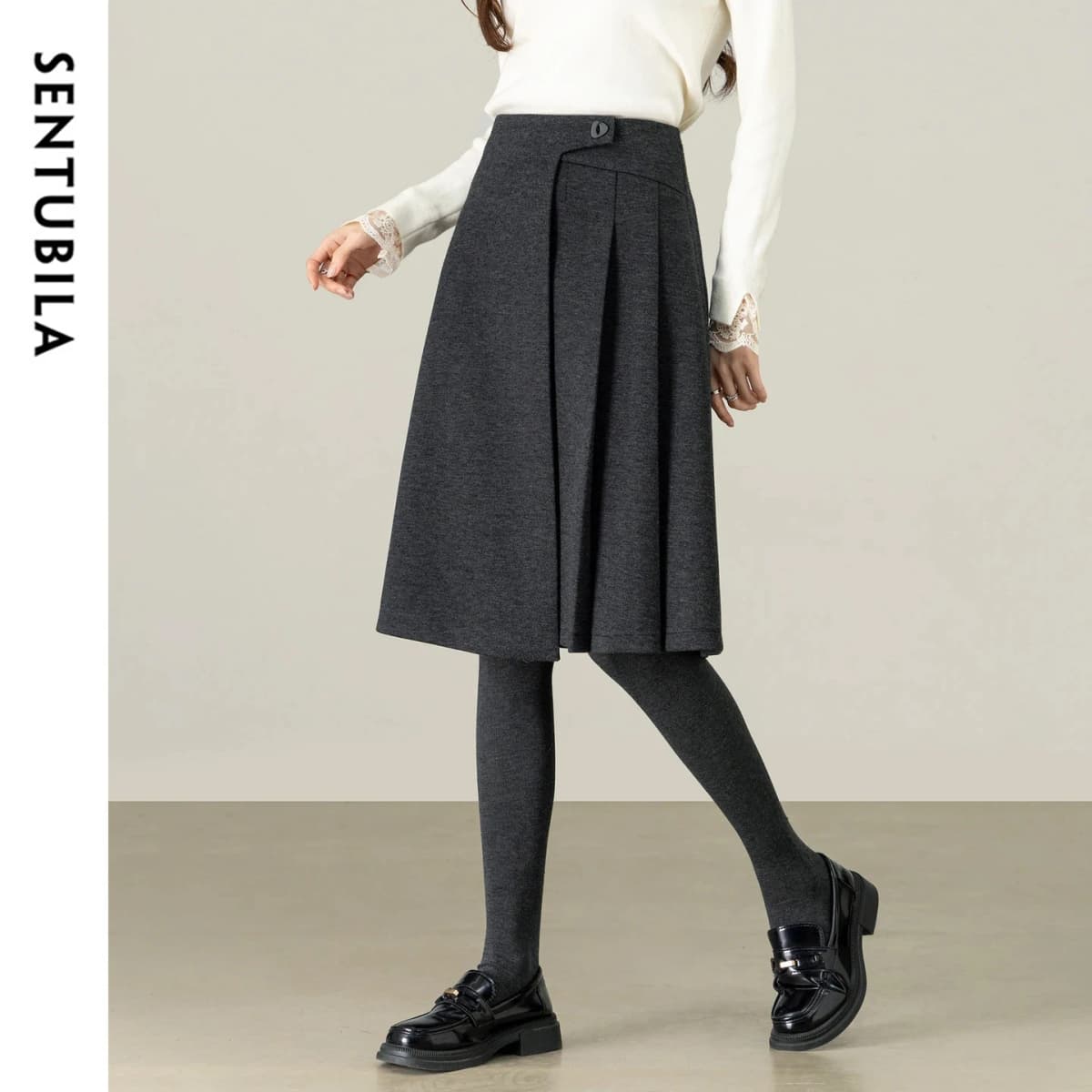 SENTUBILA A Line Skirt for Women 2026 High Waisted Button Decor Irregular Side Pleated Skirt Casual Warm Lady Clothing 154QB6391