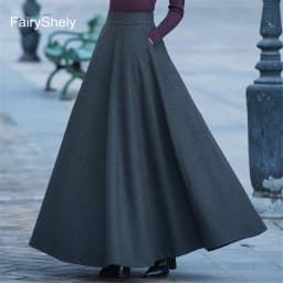 FairyShely 2026 Autumn Winter Retro High Waist Pleated Skirt Women Casual Pocket Woolen Maxi Skirt female Flare Red Long skirt