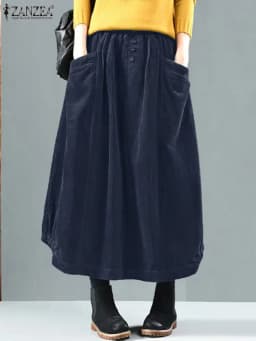 2025 ZANZEA Women Corduroy Skirts Casual Elastic Waist Long Skirt Female Faldas Saia Autumn Vintage Solid Jupe Vestidos Oversize