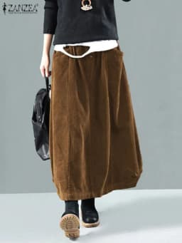 2025 ZANZEA Women Corduroy Skirts Casual Elastic Waist Long Skirt Female Faldas Saia Autumn Vintage Solid Jupe Vestidos Oversize