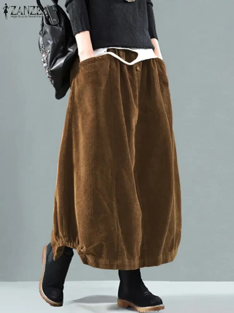 2025 ZANZEA Women Corduroy Skirts Casual Elastic Waist Long Skirt Female Faldas Saia Autumn Vintage Solid Jupe Vestidos Oversize