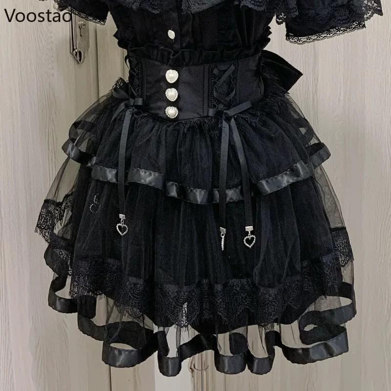 Japanese Gothic Lolita Style Rhinestone Mini Skirt Women Punk Slim Bandage Cake Skirt Girls Sweet Y2k Mesh Skirts Faldas Mujer