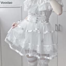 Japanese Gothic Lolita Style Rhinestone Mini Skirt Women Punk Slim Bandage Cake Skirt Girls Sweet Y2k Mesh Skirts Faldas Mujer