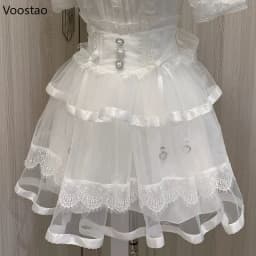 Japanese Gothic Lolita Style Rhinestone Mini Skirt Women Punk Slim Bandage Cake Skirt Girls Sweet Y2k Mesh Skirts Faldas Mujer