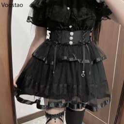 Japanese Gothic Lolita Style Rhinestone Mini Skirt Women Punk Slim Bandage Cake Skirt Girls Sweet Y2k Mesh Skirts Faldas Mujer