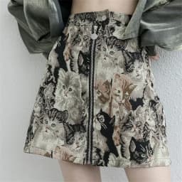 2025 Vintage Autumn Winter Women Skirt Sweet Cat Print A-line Mini Skirt High Waist Fashion Casual Cute Female Skirts Oversize