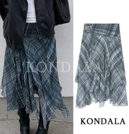 KONDALA Trendy Elegant Asymmetrical Pleated Skirt Women High Street Plaid Midi Skirt 2026 Spring Fashion Holiday Chic Lady Skirt